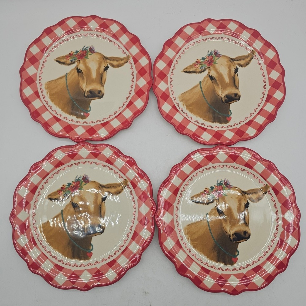 4 Pioneer Woman Red Gingham Salad Dessert Plates 9" Pretty Cowโ